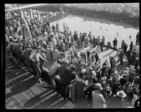 Crowds gather on the wharf to watch the Byrd's South Pole expedition depart, Los Angeles, 1928