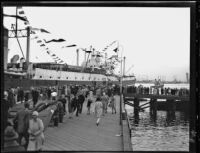 Richard E. Byrd's ship, C. A. Larsen, pulls away from the dock, Los Angeles, 1928