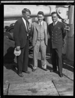 Bernt Balchen, Richard J. Brophy and Harold June stand on the deck of the C. A. Larsen, Los Angeles, 1928