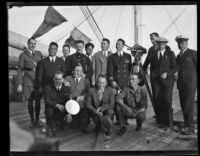 Richard E. Byrd poses with his crew on the deck of the C. A. Larsen, Los Angeles, 1928