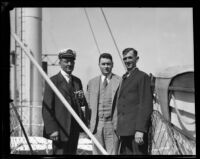 Port Pilot Fred Warner, Richard J. Brophy and Captain Oscar Nilsen pose on the C. A. Larsen, Los Angeles, 1928