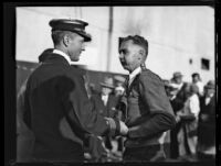 Commander Richard Byrd greets a young man before boarding the C. A. Larsen, Los Angeles, 1928