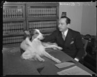 Judge Edward Brand with a collie on his desk, Los Angeles, 1930-1939