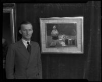 George K. Brandriff, Laguna Beach artist, with his painting "Hit Me!", Biltmore Salon, Los Angeles, 1933