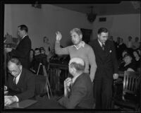 Adolfo Carsi, who murdered his wife, at the coroner's jury, Los Angeles, 1935