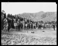Swimmers on the shore before the start of the Wrigley Ocean Marathon at Isthmus Cove, Santa Catalina Island, 1927