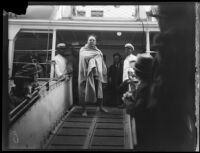 Wrigley Ocean Marathon swimmer on the gang plank of a boat, Los Angeles, 1927