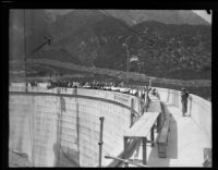 Wide view of luncheon on top of new Big Tujunga Dam in Angeles National Forest, 1931