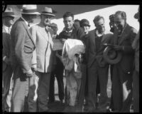 C. B. D. Collyer, Allan Lockheed and Harry Tucker at Mines Field after a transcontinental flight, Los Angeles, 1928