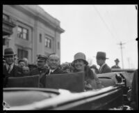 Grace and Calvin Coolidge in a car the day of their arrival, Los Angeles, 1930