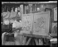 Ernest Yerbysmith in his studio with relief panels of the Deposition and Entombment of Christ, West Hollywood, 1935