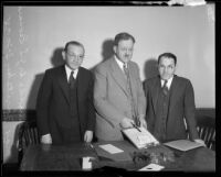Joseph Feingold of Millinery Manufacturers Association, Joy L. Leonard, mediator, and Max Zaritsky, president of the International Millinery Workers' Union, Los Angeles, 1935