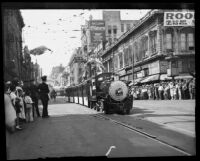 Locomotive in Transportation Day parade at La Fiesta de Los Angeles parade, Los Angeles, 1931