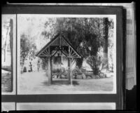 Old mission bell at Rancho Santa Anita, Arcadia, circa 1900-1903 (copy negative 1920-1939)