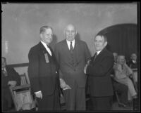 Joe Crail, Governor Frank Merriam, and Judge Charles Ballreich at an event, Los Angeles, 1930s