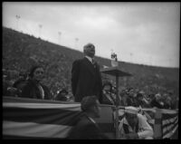 Vice-President Charles Curtis speaking at the opening of the Tenth Olympic Games at the Coliseum, Los Angeles, 1932