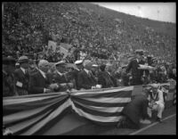 Military officer speaks at the opening ceremony of the Tenth Olympic games at the Coliseum, Los Angeles, 1932, Olympics