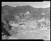 San Gabriel Canyon with the San Gabriel Dam under construction, 1932-1939