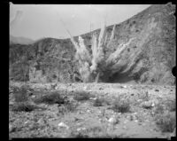 Dynamite blast in San Gabriel Canyon during construction of the San Gabriel Dam, Azusa, 1929-1933