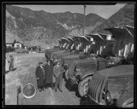 Trucks at the San Gabriel Dam construction site, Azusa, 1935