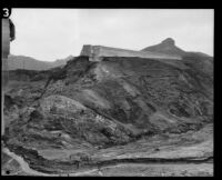 Remaining dike wing and the canyon area behind the failed Saint Francis Dam, San Francisquito Canyon (Calif.), 1928