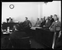 Coroner Frank Nance and engineer H. A. Van Norman at the Coroner's Inquest following the failure of the Saint Francis Dam, Los Angeles, 1928