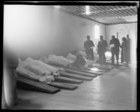 Emergency morgue with bodies of victims of the flood that followed the failure of the Saint Francis Dam, Newhall (Calif.), 1928