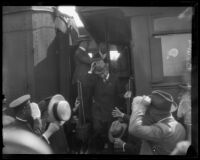 Vice President Charles Dawes disembarking from a train during a visit to Los Angeles, September 1925