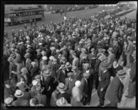 Crowd on City Hall steps for unemployed meeting, Los Angeles, 1929-1939