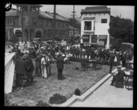 People lined up outdoors after the Long Beach earthquake, Southern California, 1933