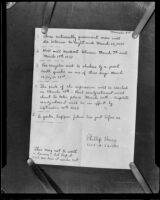 Handwritten note dated March 3rd predicting dire events in including the March 10 Long Beach earthquake in the near future, 1933