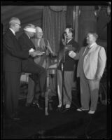 Postmaster-General Farley is initiated into the Breakfast Club at the Ambassador Hotel, Los Angeles, 1934