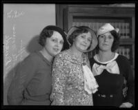 Estelle Griffin, Charlotte Morris, and Hazel Duede in court to testify against Work M. Caldwell who assaulted Mrs. Morris, Los Angeles, 1935