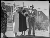 Clara Phillips greeted by sister Etta Mae Jackson at prison gates, Tehachapi, 1935