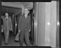 Senator Sanborn Young on the first day of statewide liquor inquiry, Los Angeles, 1935