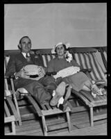 Fire Chief R. H. Scott and Adeline Scott aboard the Monterey before departing for Australia, San Pedro, 1935