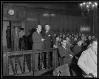 Vince Barnett and W. R. Wellman at Barnett's retrial for public drunkenness, Los Angeles, 1935