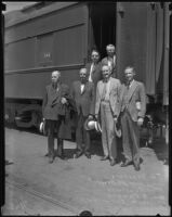 J. H. Voorhees, William M. Hargest, Alexander Armstrong, William C. Ramsey, Murray M. Shoemaker, and Charles Hardin arrive by train, Los Angeles, 1935