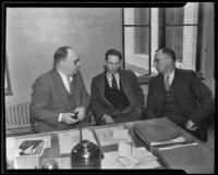 Captain Bert Wallis, LAPD homicide (left), John Edward Healey, recaptured fugitive (center), and Miles H. Ledbetter, detective lieutenant, Los Angeles, 1935