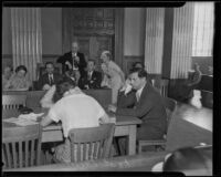 Kent K. Parrott testifies at liquor license hearing, Los Angeles, 1935