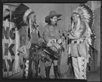Little Bear, F. E. Burkhardt, and Chief Many Treaties at Plaza Church during Fiesta Week, Los Angeles, 1935