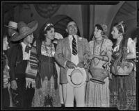 Los Angeles Sheriff Eugene Biscailuz with sisters Josephine and Maria del Carmen Otero, Carmen Vilaubi, and Consuelo Ruiz, Los Angeles Mission Plaza, 1935