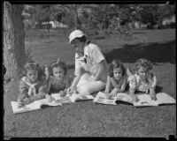 Mrs. Harvey S. Mudd teaches Girl Scouts learning about nature, Los Angeles, 1935