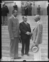 Albert S. Southwick, Mayor Shaw, and David A. Smith at City Hall, Los Angeles, 1935