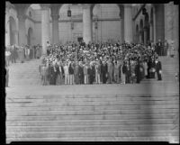 Mormon choir on the steps of City Hall, Los Angeles, 1935