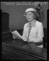 Florence Suddarth testifies in court during her lawsuit against Royal Leonard, Los Angeles, 1935