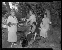Mrs. Fredericks, Mrs. Philips, Mrs. Woodman, and Mrs. Baker at a grill garden party, Los Angeles, 1935