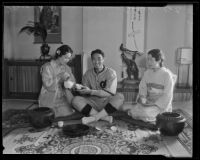 Jimmy Horio, baseball player, enjoying tea with Clara Suski and Tsuneko Kato, Los Angeles, 1935