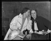 Rheba Crawford whispers to Harriet Jordan in court, Los Angeles, 1935