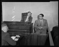 Gordon Gould on the witness stand for factory fire, Los Angeles, 1935